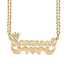 Turn your already beautiful name into a bold fashion statement with this personalized crowned name plate with scrollwork necklace in gold-plated silver. Crafted in sterling silver with 14K gold plate This choice features your name - from three to 10 characters in length - sculpted in a stylish script font and topped with a crown. Beneath the name, sculpted scrolling ribbons and a center heart complete the look. Hammer-finished details add eye-catching shimmer and shine. This name art suspends ce Gold Name Plate Necklace 90s, Name Plates Necklace Gold, Custom Name Necklace Gold, Custom Necklace Ideas, Name Jewelry Personalized, Name Plate Necklace Gold, Custom Necklace Names, Orange Quinceanera, Necklaces With Names