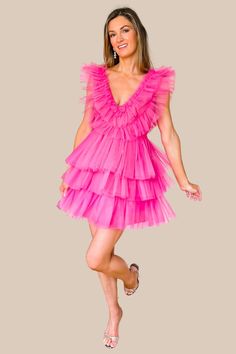 Colorful Cocktail Dresses, Prom Dresses Medium Length, Tulle Dress Short, Pink Portrait, Bright Pink Dresses, Tulle Ruffles, Sorority Rush, Preppy Girls, Pink Stuff