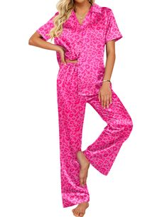 PRICES MAY VARY. 💎Material: Silk pajama set is made of Premium 95%Polyester and 5%Spandex satin fabric 💎Silk Tops: Short sleeve button down t-shirt. Solid color, V-neck, and a chest pocket. This pajama shirts can be worn as a casual button blouse shirt. Lightweight and Skin-friendly silk pajamas for women.Great for sleeping,casual wear or lounging around the house or yard all day 💎Satin Pants: Elasticated waist, Two Pockets, Wide Leg, Loose fit and flowy,long enough. This silk lounge pants ca Pink Relaxed Fit Sleepwear For Pajama Party, Affordable Pink Sleepwear Sets, Silk Hot Pink Pajamas, Playful Pink Matching Set Sleepwear, Silk Lounge Pants, Pink Silk Pajamas, Pink Striped Silk Pajamas, Silk Pajamas Set, Satin Button Down Shirt