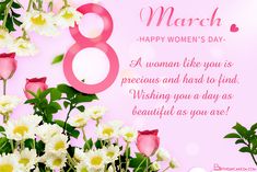 the 8 march women's day greeting card features white flowers and pink background with text