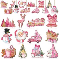 christmas decorations and ornaments are shown in pinks, golds and whitest for the holiday season