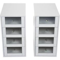 pair of white bookcases with diamond knobs