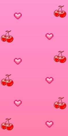 an old - school style video game with hearts and cherries on pink paper background