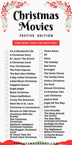 the christmas movies festive list is shown in red and green with holly wreaths