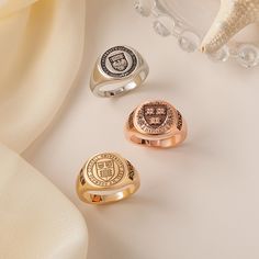 Celebrate your high school or College journey with a custom Signet Ring! Customize the university crest, class emblem, and other logo designs on the front of the ring. You can also engrave the year and other special words on the ring band, as well as add your name inside the ring. To create a one-of-a-kind piece that reflects your unique experience and will remind you of your  school experience for years to come.. Whether you're looking for a stylish accessory or a meaningful graduation Gifts, this personalized ring is the perfect way to commemorate your time in high school or college . This will be a perfect graduation gift! Our jewelry pieces come equipped with everything you need for gifting, a gift box included with every purchase at no additional cost. --How to Order-- [In Drop Down M Graduation Rings College, Meaningful Graduation Gifts, College Ring, Graduation Ring, Graduation Gift For Him, College Rings, Custom Signet Ring, Graduation Rings, Graduation Gifts For Him