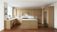 a large kitchen with wooden cabinets and white counter tops, along with hardwood flooring