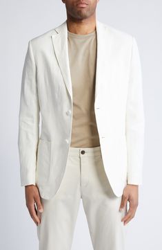 Elevate your wardrobe with this sport coat cut from breathable linen in a single-breasted silhouette with contemporary patch pockets. 28 1/2" length (size 40) Notched collar Lined 100% linen Dry clean Imported White Linen Outerwear With Pockets, Fitted Linen Blazer With Pockets, Casual Single Button Linen Outerwear, Casual Single Button Linen Blazer, Modern Linen Blazer With Pockets, Casual Linen Single Button Blazer, Fitted Linen Blazer With Flat Front, Tailored Linen Blazer With Patch Pockets, Casual Linen Sport Coat With Hidden Button Closure