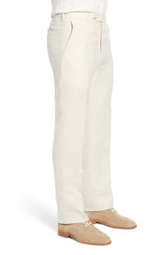 Washed linen gives a soft feel to charming dress pants with fully tailored construction for a superior fit. Zip fly with hook-and-bar and button closure Front slant pockets; back pockets 100% linen Dry clean Imported Classic Full Length Dress Pants For Summer, Classic Formal Linen Dress Pants, Classic Linen Dress Pants For Formal Occasions, Fitted Full-length Linen Pants, Casual Linen Dress Pants With Welt Pockets, Fitted Linen Pants With Flat Front, Fitted Linen Flat Front Pants, Full-length Linen Dress Pants For Spring, Linen Full-length Dress Pants For Spring