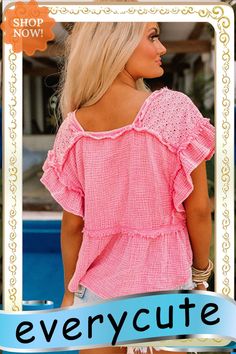 Pink Eyelet Lace Patchwork Frayed Crinkle Blouse Lace Patchwork, Color Pick, Eyelet Lace, Women Tops, Shirt Blouses, Blouses For Women, Top Blouse, Blouses, Womens Tops