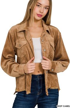 90% Polyester, 8% Nylon, 2% Spandex; Our cropped corduroy jacket is the perfect Fall addition to your wardrobe. The distressed hem allows for a casual look, or you can easily dress it up for the office. It's also the ideal pick to layer for a breezy night out on the town. Come on babe, you know you need this one! Cheap Cropped Jacket With Snap Buttons For Fall, Cheap Chic Cropped Jacket For Fall, Cheap Long Sleeve Cropped Jacket For Fall, Cheap Cropped Outerwear For Fall, Feels Like Fall, Brown Corduroy Jacket, Short Sleeve Kimono, Corduroy Jacket, Total Body