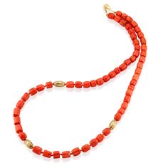 This vibrant branch coral necklace is a celebration of this beautiful oceanic material. It is strung with our signature crownwork® olives and amphoras and finished with a gold lillypad clasp. This is the perfect piece to layer with other necklaces or wear as a statement on its own. MATERIAL: 18k Yellow Gold STONE TYPE: Coral DIMENSIONS: 24" Elegant Hand-strung Coral Necklaces, Elegant Coral Hand-strung Necklaces, Elegant Hand-strung Coral Necklace, Elegant Red Coral Gemstone Beads, Elegant Single Strand Coral Beads, Elegant Coral Beads, Elegant Coral Beaded Necklaces With Gemstone, Elegant Coral Gemstone Beaded Necklaces, Elegant Orange Hand-strung Necklace