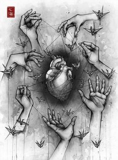 several hands holding a heart in the middle of it with arrows coming out of it