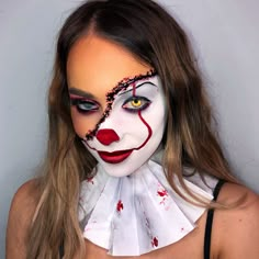 How To Do Pennywise Makeup, Happy Halloween Makeup, Glam Pennywise Makeup, Half Clown Face Makeup, Cute Clown Makeup Ideas, Colourful Clown Makeup, It Makeup Clown Women, Pennywise Makeup Women, Female Pennywise Makeup