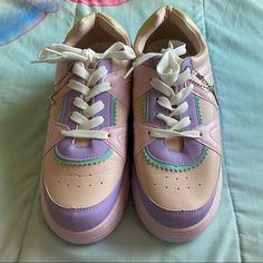 Koi Footwear Cute Trainers New - Kawaii Pastel Colours - Water Based Pu Faux Leather - Lace Up - K Chain Detailing - Teal, Purple And Pink - Heel Height: 2 Inches - New Condition - Only Tried On Too Big For My Feet Could Fit A Size 9 Easily Sale Uk Size 6 Woman Us Size 8 Woman Any Questions Please Ask!! Keep In Mind These Shoes Are Heavy So If You Plan On Bundling With Other Items You Will Need To Buy A Separate Shipping Label To Cover Overweight Cost Thank U Yru Shoes, Koi Footwear, Platform Trainers, Size 8 Women, Pastel Colours, Trainer Sneakers, Pink Heels, Nike Air Force Sneaker, Leather And Lace