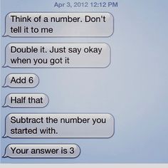 some text messages are written in different languages on a screen with the caption that reads, think of a number don't tell it to me double it just say okay when you got it