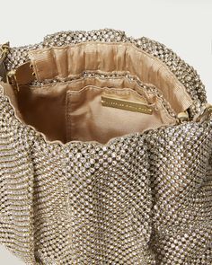 Gathered flat clutch in gold diamanté mesh. Features a removable twisted gold metal chain strap, frame closure, full lining, and an interior pocket. Gold Clutch Bag, Metallic Clutch, Crystal Clutch, Gold Clutch, Modern Shoes, Flower Embroidery Designs, Loeffler Randall, French Linen, Gingham Print