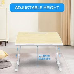 the adjustable height table is shown with measurements for each side and width to fit in