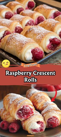 raspberry crescent rolls with powdered sugar on top and the words raspberry crescent rolls below