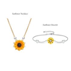 This delicate handmade necklace reminds you of the warm summer days. The realistic look of the sunflower is stunning! Sunflower Necklace: ♥ Base Material: Zinc Alloy ♥ Chain Material: Stainless Steel ♥ Necklace available in Gold or Silver ♥ Size: 51+5 cm Sunflower Earrings: ♥ 925 Sterling Silver Sunflower Ring: ♥ 925 Sterling Silver ♥ Adjustable Size Your jewelry arrives beautifully packaged. Perfect for gift-giving, or keeping for yourself! Comes in cute packaging! Shipping on this item is calculated at checkout. Hand-crafted in New York Bracelets Adjustable, Sunflower Ring, Sunflower Necklace, Sunflower Earrings, The Sunflower, Necklace Size, Steel Necklace, Cute Packaging, Handmade Necklace