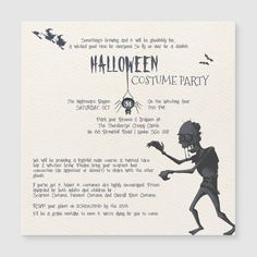 a halloween costume party flyer with an image of a skeleton holding a spider on it's back