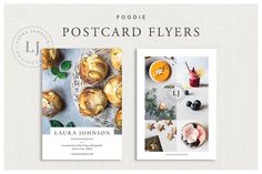 the postcard flyers are designed to look like they have pastries and fruit on them