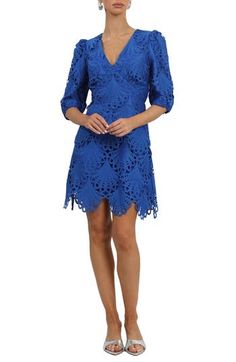 Gorgeous scalloped fans with dainty eyelets overlay an Empire-waist minidress that's ready for your next get-together. 35" length (size Medium) Hidden back-zip closure Deep V-neck Elbow-length sleeves with elastic cuffs Lined 100% polyester Hand wash, line dry Imported Fitted V-neck Eyelet Dress, Blue Lace Mini Dress With Scalloped Detail, Blue Lace Mini Dress With Scalloped Lace, Fitted V-neck Mini Dress With Scalloped Lace, Blue Scalloped Lace Mini Dress For Spring, Blue Mini Dress With Scalloped Lace For Spring, Fitted Lace Mini Dress With Scalloped Edges, Party Dresses With Scalloped Edges, Mini Length, Party Dress With Scalloped Edges In Mini Length