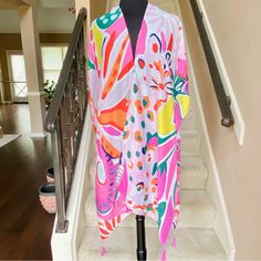 Bright And Breezy Tropical Floral Kimono/Cover-Up/Poncho 35.4 X 35.4 100% Polyester One Size Casual Poncho For Spring, Spring Beach Cover-up Poncho Shawl, Spring Beach Poncho Shawl, Spring Beach Poncho Shawl Cover-up, Casual Shawl Poncho For Spring, Spring Beach Shawl Poncho, One Size Shawl Poncho For Spring, Spring Beach Multicolor Poncho, Spring Multicolor Poncho For Beach