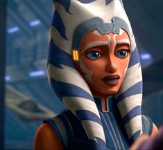 an animated star wars character wearing a blue and white outfit with her head tilted to the side