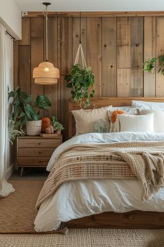 a bedroom with wood paneling and plants on the wall