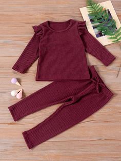 Non-stretch Long Sleeve Sets For Fall, Long Sleeve Sets For Fall, Solid Color Ruffle Long Sleeve Sets, Long Sleeve Ruffled Sets, Long Sleeve Solid Color Ruffled Set, Casual Ruffled Stretch Sets, Cute Long Sleeve Sets For Fall, Casual Long Sleeve Sets With Ruffles, Casual Long Sleeve Ruffled Sets