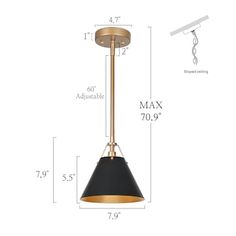 an image of a black and gold pendant light fixture with measurements for the widths