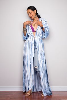 "Tie Dye Robe, Beach Cover, Tie dye Duster Vest, Festival wear, Beach cover up, Lounge wear robe PRODUCT SIZE : One Size Fits Most These are the exact measurements from the robe, measured whilst laying flat >> * Chest : up to 50\" * Waist : 50\" * Hips : 50\" * Sleeve length from neckline to hem : 18\" * Length : 56\" NOTE : * Model chest : 32\", waist : 24\" hips : 35\" * Combined Height is 5\"6 > I'm 5\"2 (158cm) and I'm wearing 4\" heels in the pictures MATERIAL * Rayong (does not st Open Front Maxi Dress For Beach Season, Summer Beach Maxi Dress With Open Front, Open Front Maxi Beach Cover-up Dress, Open Front Maxi Dress Beach Cover-up, Summer Open Front Maxi Dress For Beach, Bohemian Maxi Beach Robe, Bohemian Maxi Length Beach Robe, Long Tie-dye Kimono For Summer, Long Tie Dye Kimono For Summer