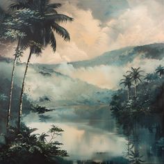 an oil painting of palm trees and clouds over a body of water with mountains in the background