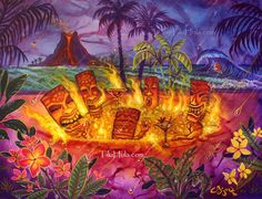 a painting of tiki luaus on fire in the middle of a jungle