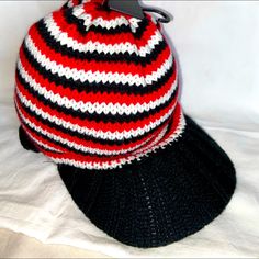 Knitted Hat. Unisex. Red, Black And White Striped. Brand New, Never Worn Striped Beanie Hat One Size, Affordable Red Winter Beanie, Red Beanie Hat, One Size Fits Most, Black Novelty Beanie, Red Hand-knitted Beanie Cap, Beanie Style, Knitted Hat, Lady In Red, Hat Fashion