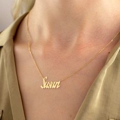 14K Solid Gold Personalized Name Necklace / Perfect gift for Her 14k Solid Gold Features ⏺Made to Order. ⏺Made in the USA. ⏺Gold KT: 14K ⏺Custom Gold Color: Rose Gold, Yellow Gold, White ⏺Ready to Ship in 1 Week Silver Product Features ⏺ MATERIAL: 925K Sterling Silver ⏺ COLOR: Silver, Gold, Rose Gold ⏺ FINISH: High-Quality Plated Chain Lengths - 14 inches - 16 inches - 18 inches - 20 inches Customizable Gold Plated Necklaces For Gifts, Customizable Gold Plated Necklace For Gifts, Customizable Gold-plated Necklace As Gift, Customizable Gold-plated Necklace For Gifts, Custom Name Yellow Gold Necklace As Gift, Engraved Gold Plated Name Necklace As Gift, Engraved Gold Plated Name Necklace For Gift, Gold Name Pendant Charm Necklaces, Gold Pendant Charm Necklace With Name