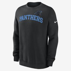 The Club Crew brings a traditional look to your Carolina Panthers wardrobe. It features a soft fleece lining to help keep you warm and team details for a game-day aesthetic. Fall Season Sportswear Sweatshirt For Fan Gear, Team-colored Sweatshirt For Fan Gear, Team-colored Sportswear Sweatshirt For Fan Gear, Fleece Sweatshirt For Fan Gear In Sportswear Style, Fleece Sportswear Sweatshirt For Fan Gear, Fleece Sweatshirt For Fan Gear, Black Winter Sweatshirt For College, Black Winter College Sweatshirt, Black Team Spirit Sweatshirt For Streetwear