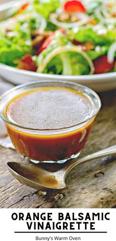 Orange Balsamic Vinaigrette sitting on a wooden table in a small glass bowl with a spoon beside it. Orange Vinaigrette Dressing, Garden Lettuce, Garden Salads, Vinaigrette Dressing Recipe, Vinegar Salad Dressing, Salad Dressing Recipes Healthy, Squeezed Orange Juice, Citrus Vinaigrette, Citrus Dressing