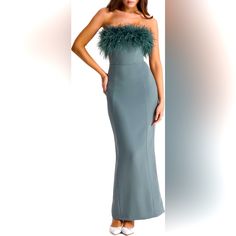 Brand New House Of Cb Dress For Formal Occasions Elegant Strapless Dress With Feather Trim For Cocktail, Elegant Strapless Cocktail Dress With Feather Trim, Elegant Strapless Dress With Feather Trim, Chic Strapless Dress With Feather Trim For Evening, Green Feathered Evening Dress, Dress For Formal, Brand New House, House Of Cb Dresses, House Of Cb