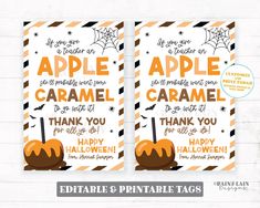 two printable halloween tags with the words apple caramel and thank you on them