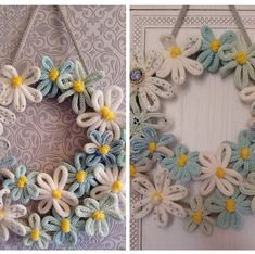 crocheted wreaths with flowers hanging from strings on the wall next to each other