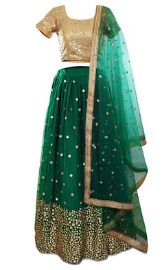 Gorgeous gold and green lehenga, 3-piece set. The blouse is covered in beautiful gold sequined embroidery. Mens Indian Wear, Western Wear Dresses, Embroidery Skirt, Green Lehenga, Gold And Green, Lucky Clover, Gold Embroidery, Saree Dress, Pot Of Gold