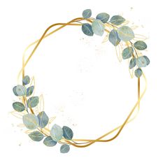 a watercolor wreath with green leaves and gold ribbon