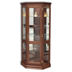 a tall wooden display case with glass doors