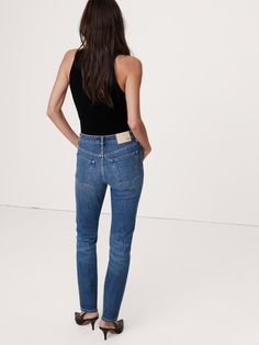 Our version of the cigarette jean, this slim jean silhouette is fitted from hip to knee, with a slim leg that’s a little wider than a skinny jean.  Here, we selected a 4-way stretch denim for maximum comfort and shape retention.  Slim Fit: High rise (10. 75").  Skinny from hip to knee, slim leg.  Ankle length.  Zip fly with button closure.  Belt loops.  Five-pocket styling.  Slim Fit: High rise (10. 75").  Skinny from hip to knee, slim leg.  Ankle length.  Ankle length.  Inseams: Petite/Short 26