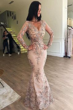 Mermaid V-neck Long Sleeve Floor Length Tulle Embriodery Prom Dress-Ballbella Dresses With Detachable Skirt, Champagne Orange, Lavender Sky, Pink Watermelon, Mermaid Prom Dresses Lace, Detachable Skirt, Lace Evening Gowns, Blue Pool, Lilac Lavender