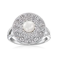 Ross-Simons - 5.5-6mm Cultured Pearl, .11ct t. w. Diamond Ring in Silver. Size 6. Beautifully imagined, priced to please. Our stunning circle ring features a luminous 5.5-6mm cultured freshwater button pearl wreathed by an intricate .11 ct. t. w. round diamond design. Finely crafted in polished sterling silver with elegant milgrain details. 5/8" wide. Diamond and white pearl ring. Pearl birthstones are the perfect gift for June birthdays. White Pearl Ring, Diamond Rings With Price, Pearl Birthstone, Ring Pearl, Pearl And Diamond Ring, Swirl Ring, Black Diamond Ring, Circle Ring, Jewelry Essentials