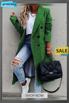 Loose Lapel Collar Casual Overcoat Casual Chique, Cooler Look, Casual Winter Outfits, Weekend Wear, Mode Style, Fall Winter Outfits, Look Chic, Lapel Collar, Outerwear Women