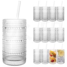 a set of six glasses with straws and fruit in each glass on the side