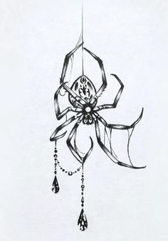 a black and white drawing of a spider hanging from it's web with beads